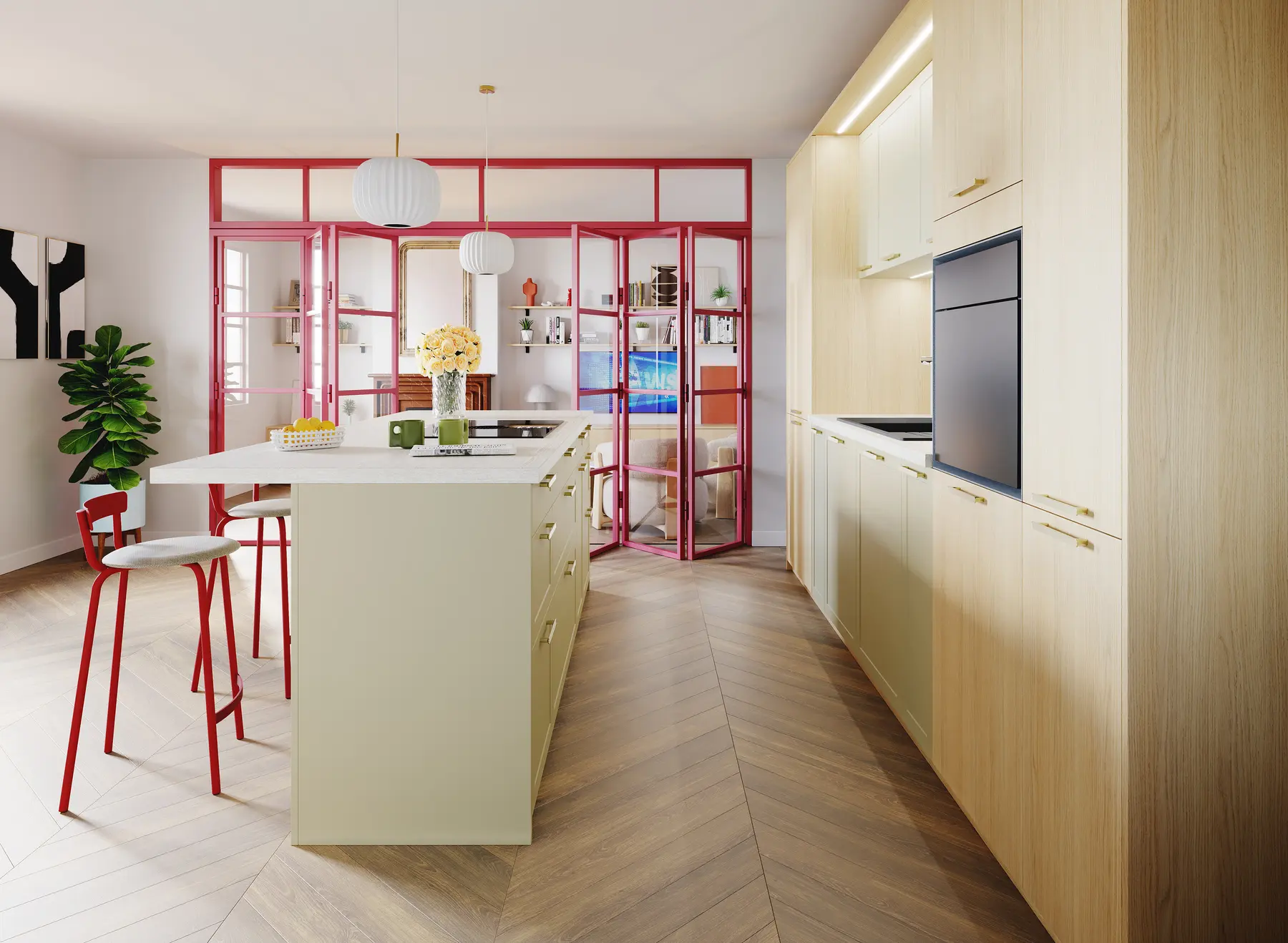 Cuisine Atelier Vermillon rouge et bois clair