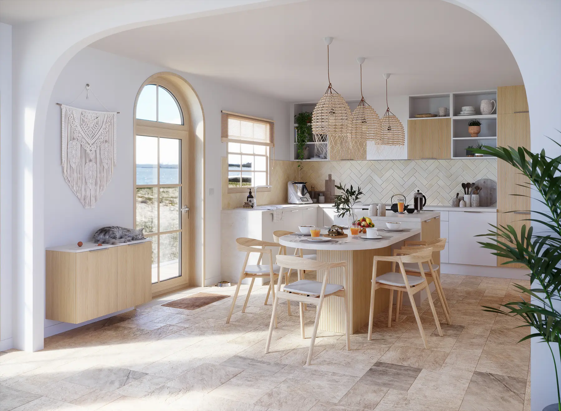 Cuisine Horizon en bois clair avec îlot central
