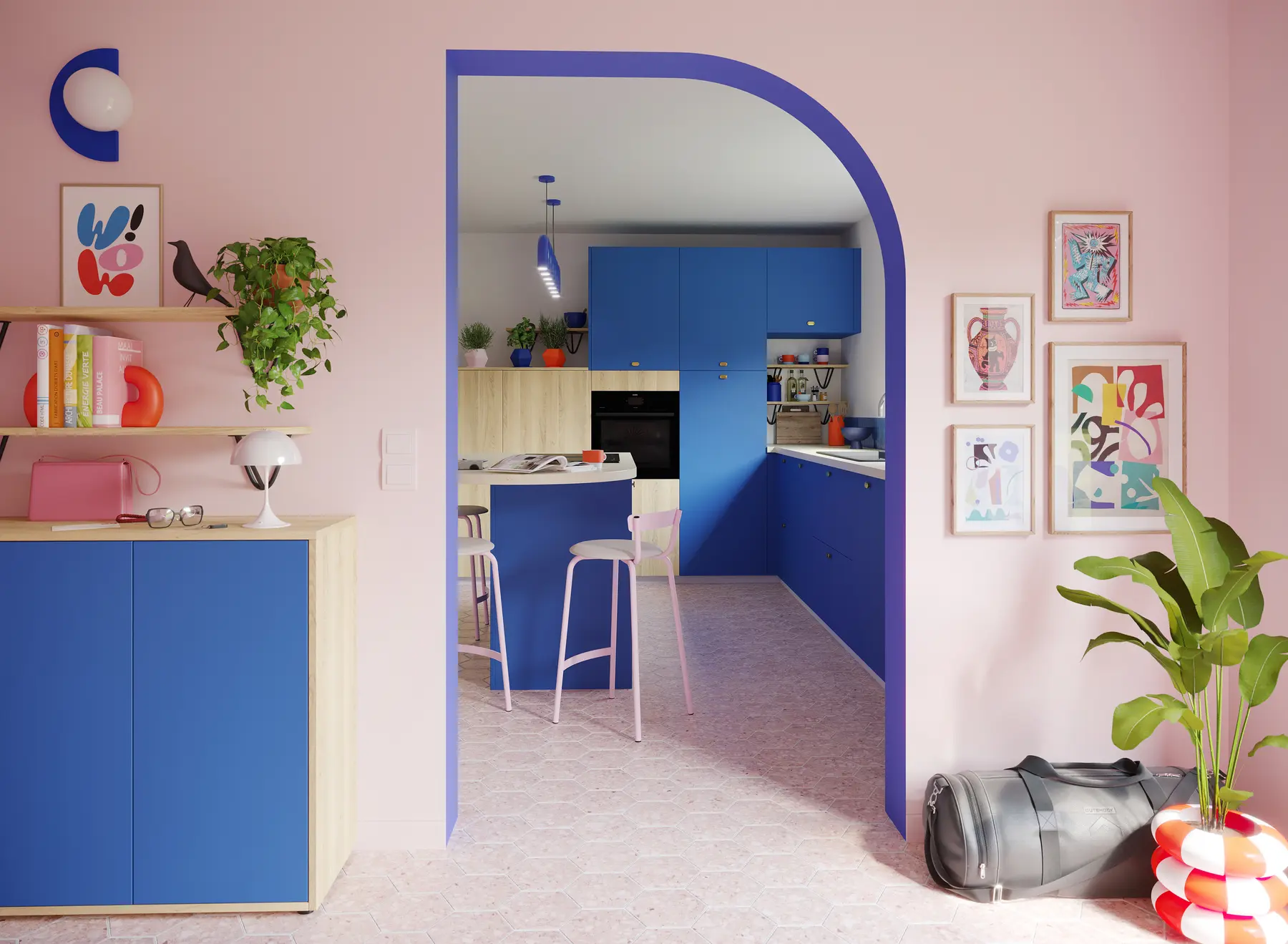 Cuisine Memphis bleue et rose
