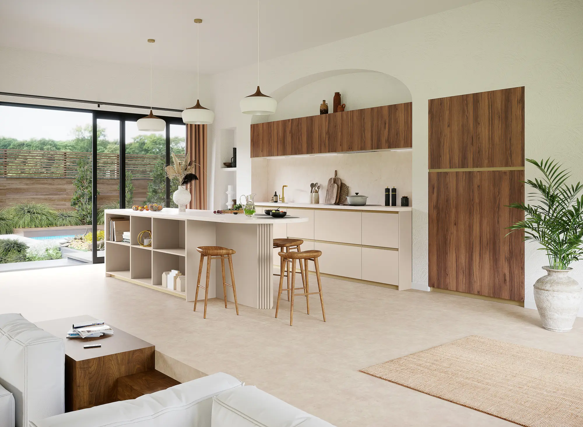 Cuisine Villa Toscane blanche et bois clair, ouverte sur le jardin