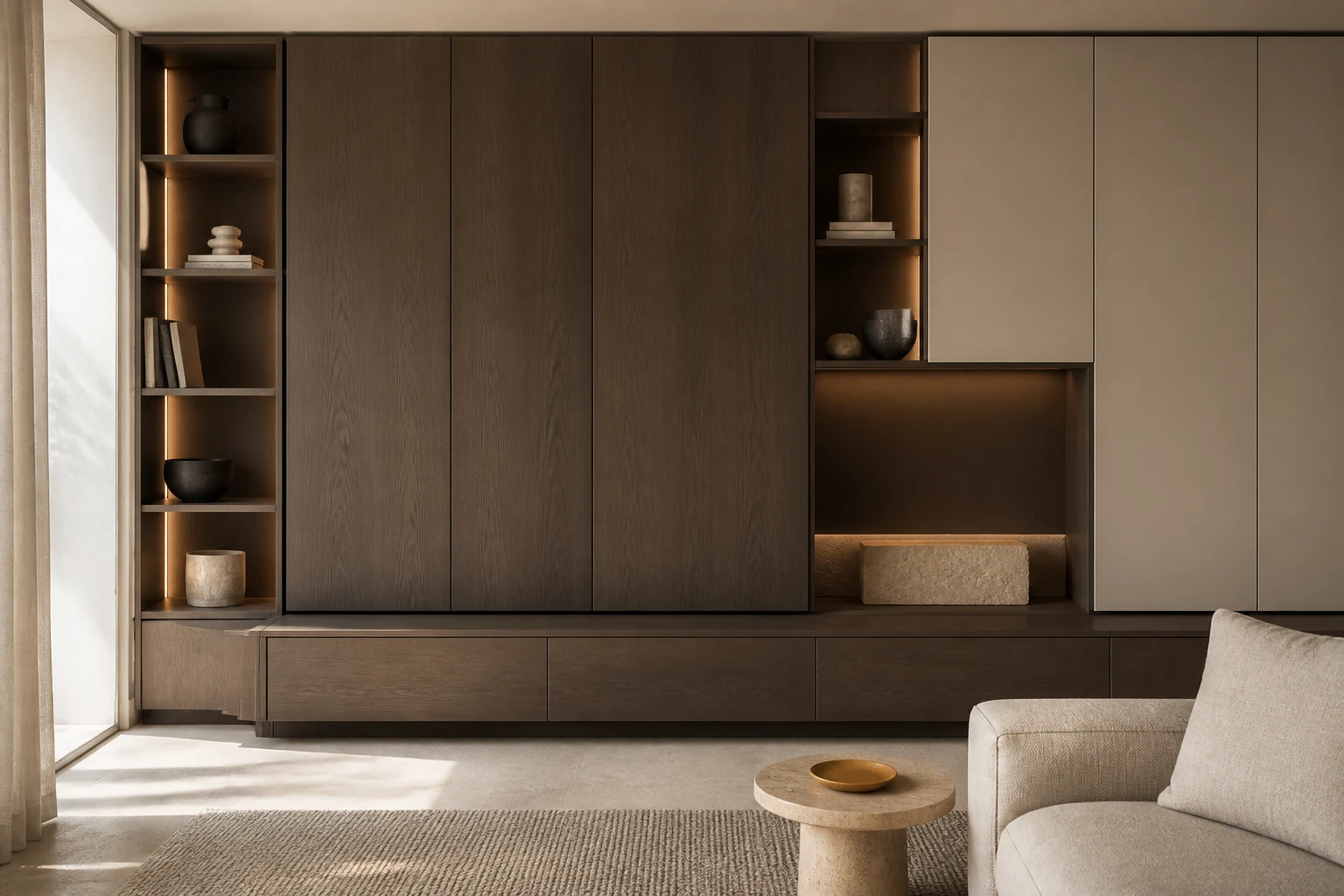 Composition living sur mesure en bois et finition crème