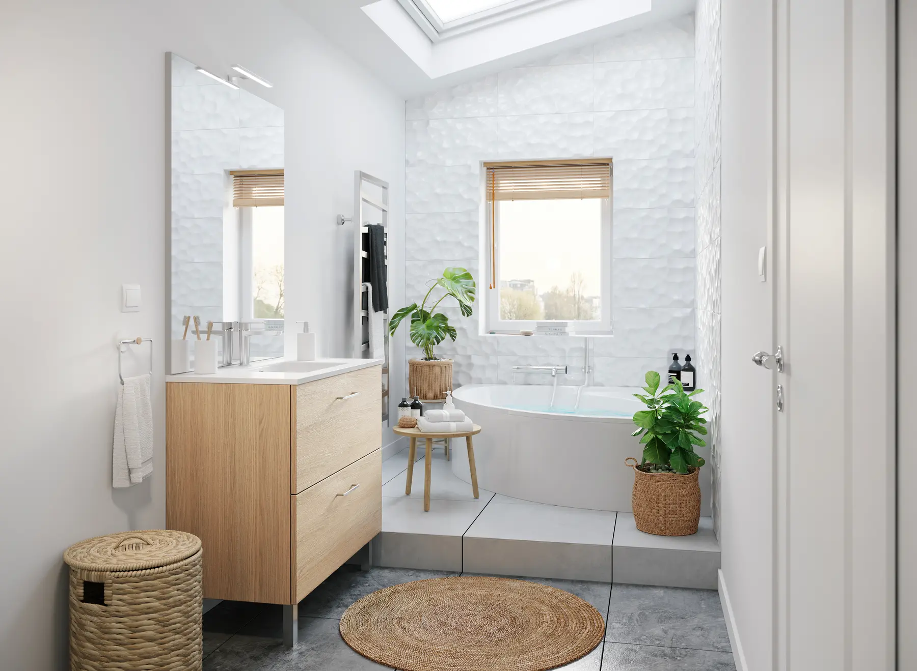 Salle de bains Bain de lumière en chêne clair et blanc