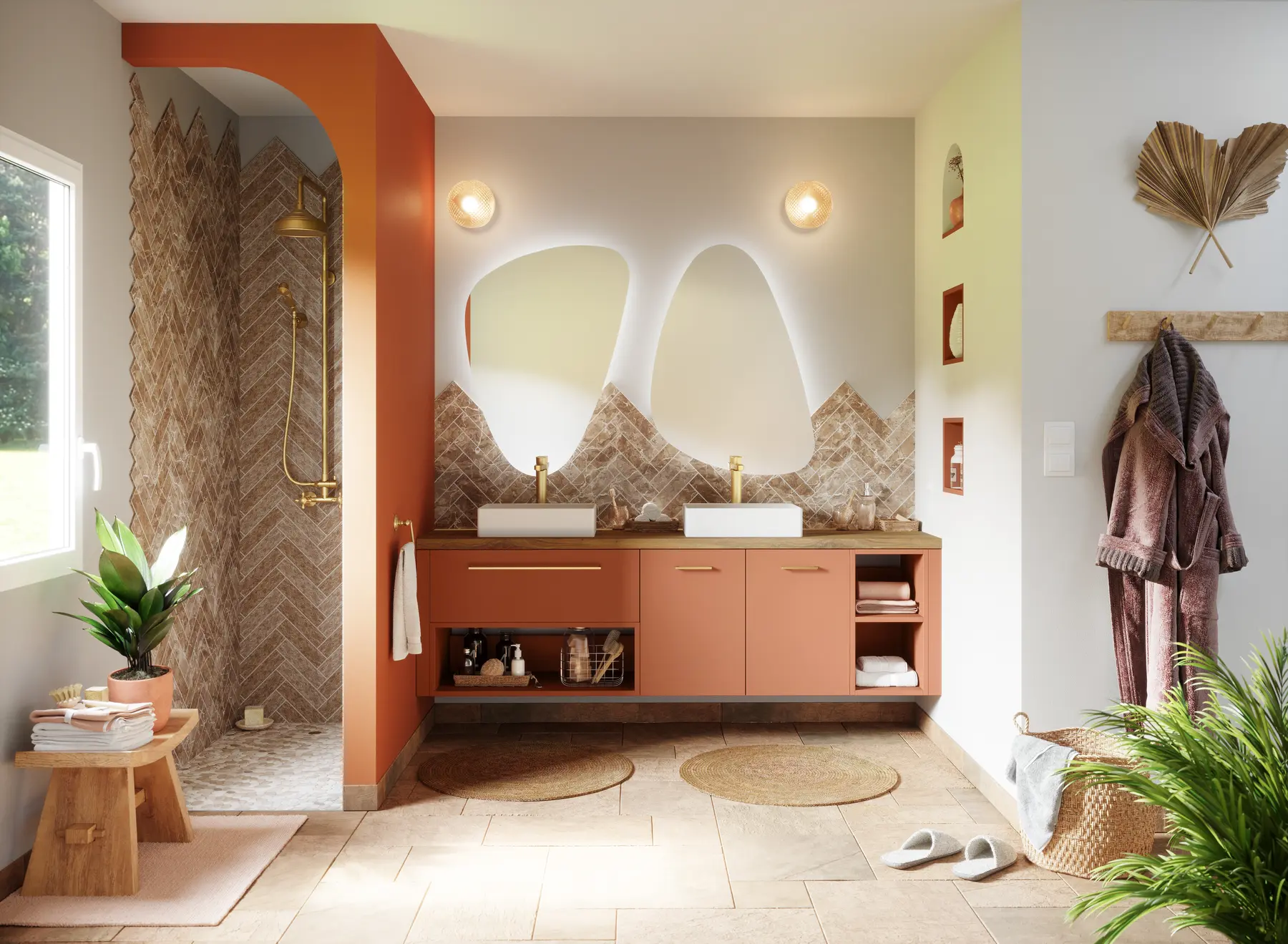 Salle de bains Hammam terracotta et pierre